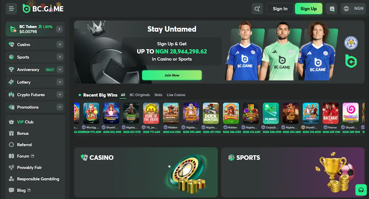 BCGame Casino and Sportsbook Screenshot